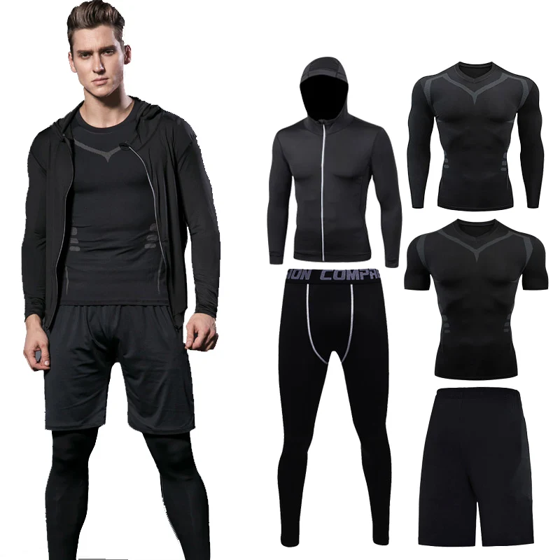 

5pcs Full Compression Sets Dry Fit Men's Training Sportswear Gym Fitness Athlete Sport Clothes Shirt Workout Running Leggings