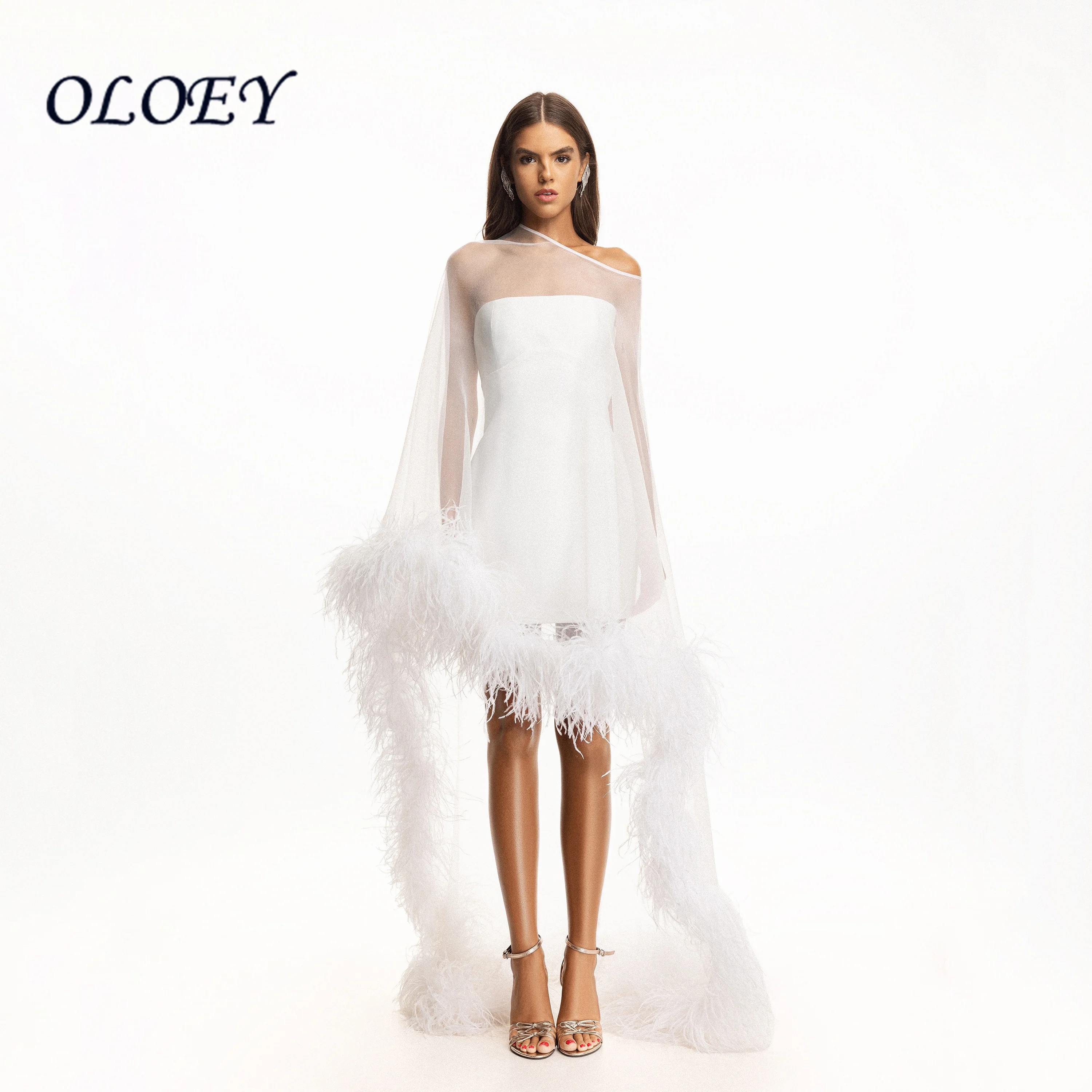 OLOEY 2026 White High Neck Sheer Long Sleeve Mini Feather Evening Dress Long Train Luxury Ostrich Feather Cocktail Party Gown