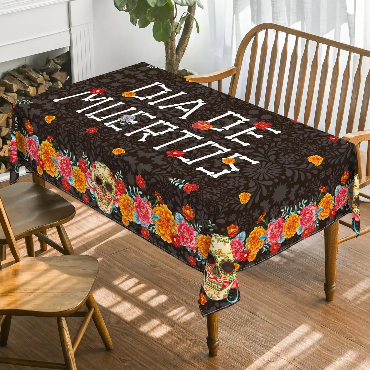 1Pc Dia De Los Muertos Tablecloth Black Floral Skull Table Cover For Dining Room Kitchen Party Decoration Rectangular