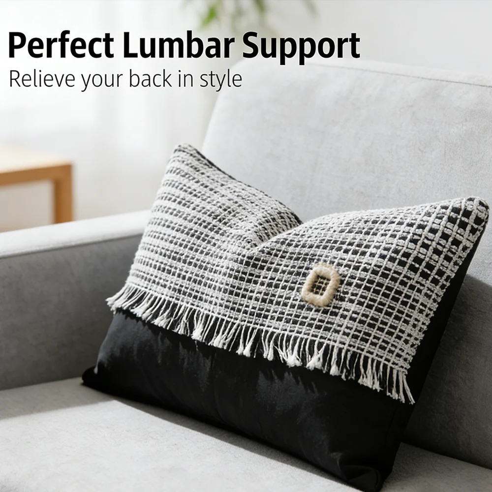

50x30cm Black-and-White Checkered Fringe Design Handwoven Pillowcase Living Room Decor Comfortable and Easy Clean Cushion Cover