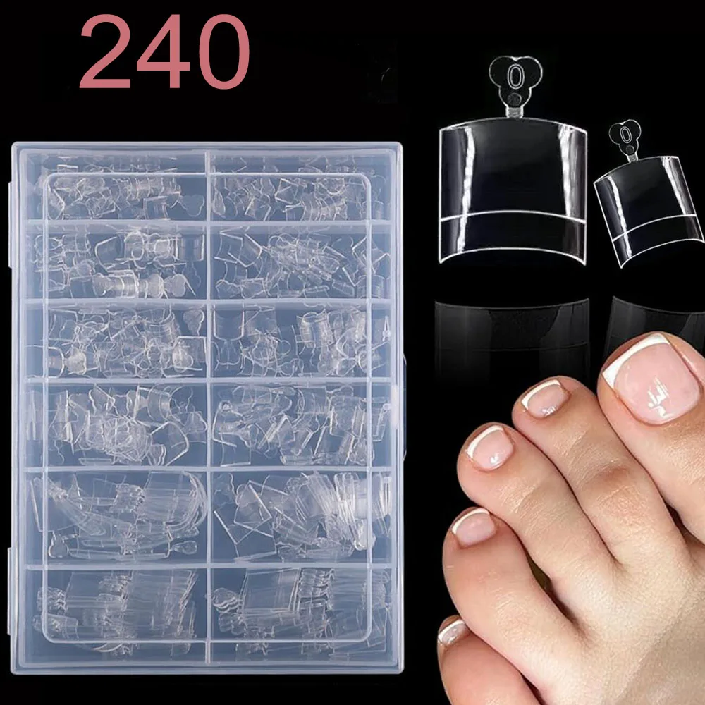 

240Pcs False Toe Nail Tips Transparent Half Cover Fake Toenail Acrylic Square Press On Toenails For Women Foot Nail Extension