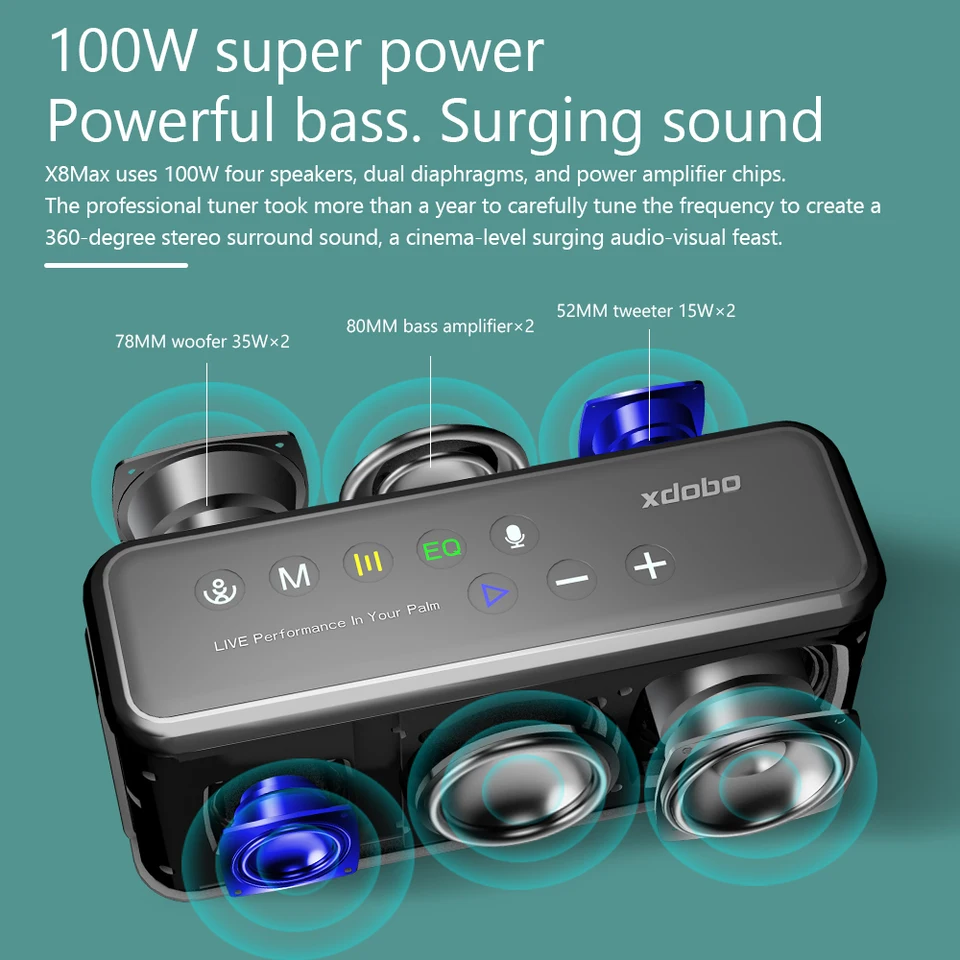 Xdobo-Bluetoothスピーカーフォン100W x 8 max,ポータブル,ワイヤレス