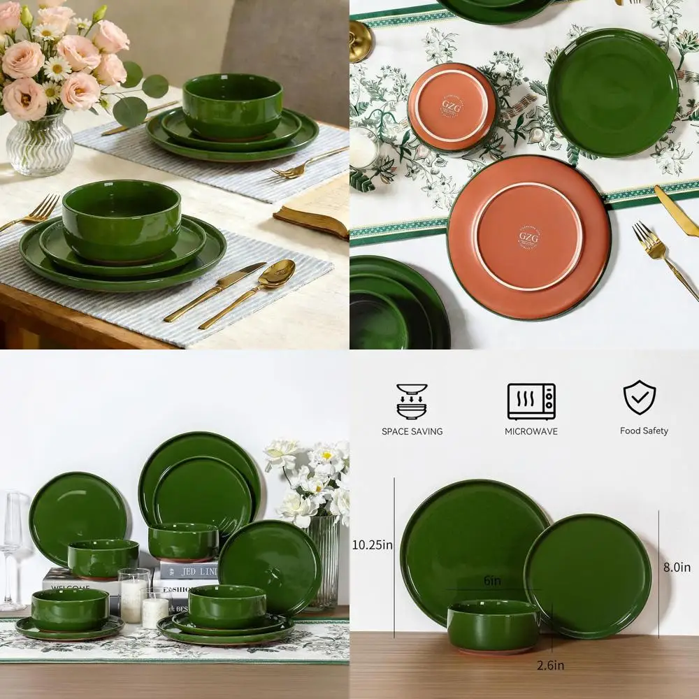 

Handcrafted 12-Piece Stoneware Dinnerware Set: Verdant Green Plates & Bowls with Rustic Terracotta Base