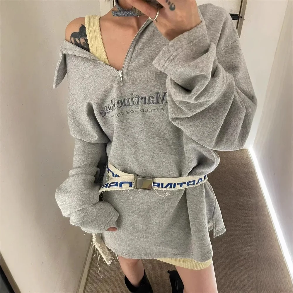 Martine Rose Light Gray Fuzzy Knit Pullover Casual Loose Half-Zip Polo Shirt Long Sleeve