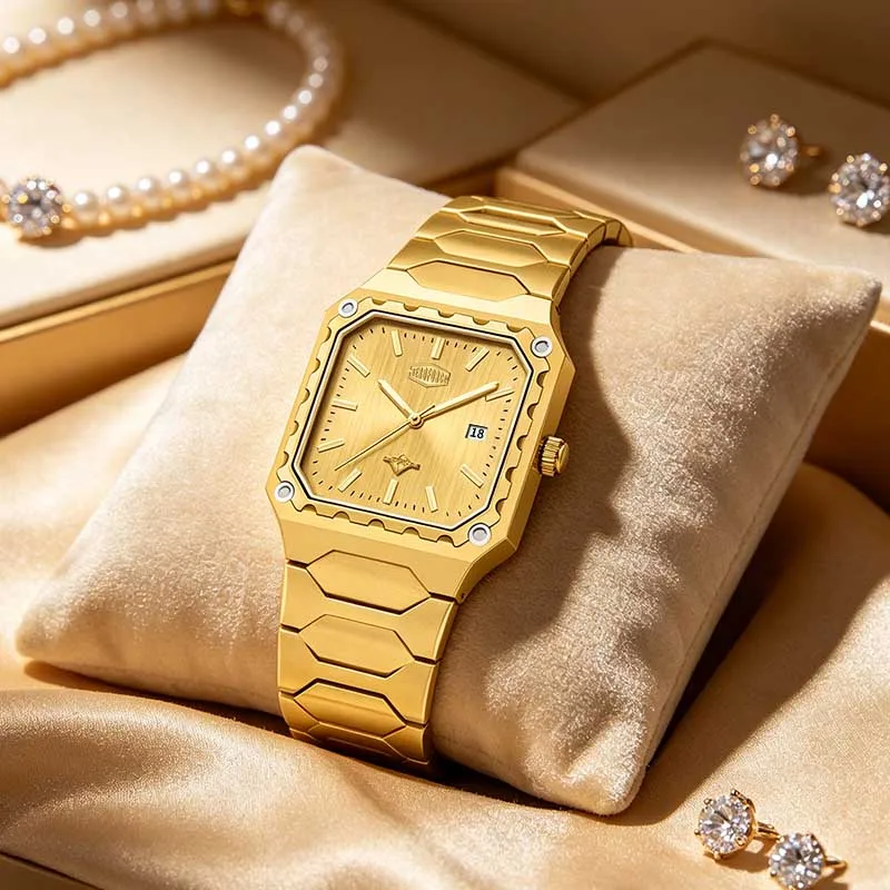 

HEROFORCE New Women's Fashion Quartz Watch Simple Square Noble Gold Ladies Watch Business Waterproof Luminous Calendar Watches