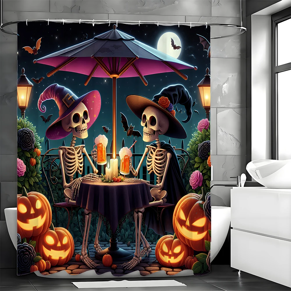 Halloween Skeleton Pumpkin Shower Curtain, Bathroom Decorative Shower Curtain, Waterproof Shower Curtain with Hooks
