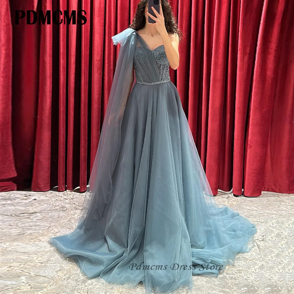 

Blue One Shoulder Party Dresses For Graduation Prom Gowns Elegant Sweetheart Handmade Sequined Tulle Evening Dress For Women