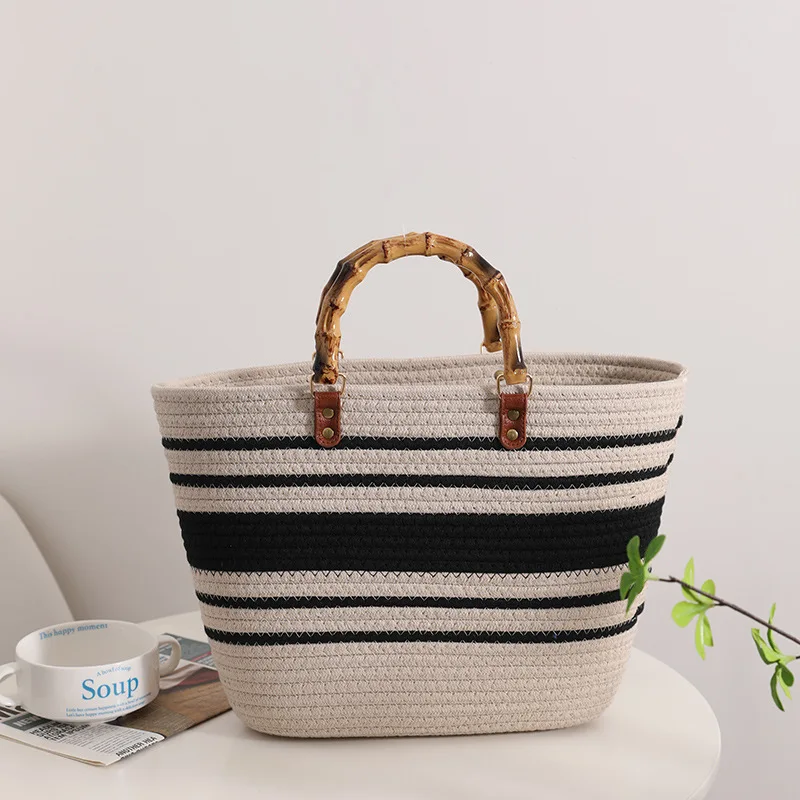 

Women Shoulder Bag Summer Cotton Thread Woven Bamboo Handle Basket Handbag Fashion Female Large Capacity Beach Bag Shopper Tote