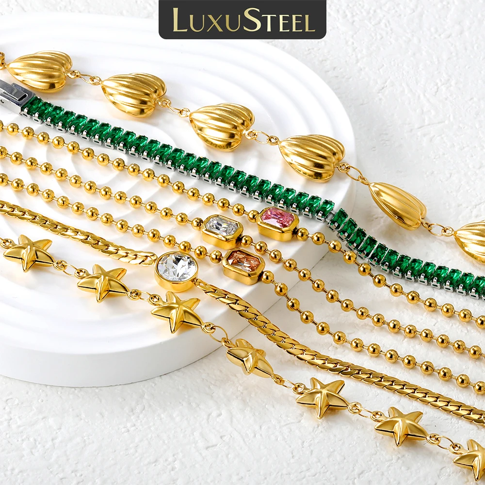 LUXUSTEEL Fashion Bangles For Women Heart Star Crystal Bracelets Stainless Steel 18k Golden Plated No Fade Bangles for Couple