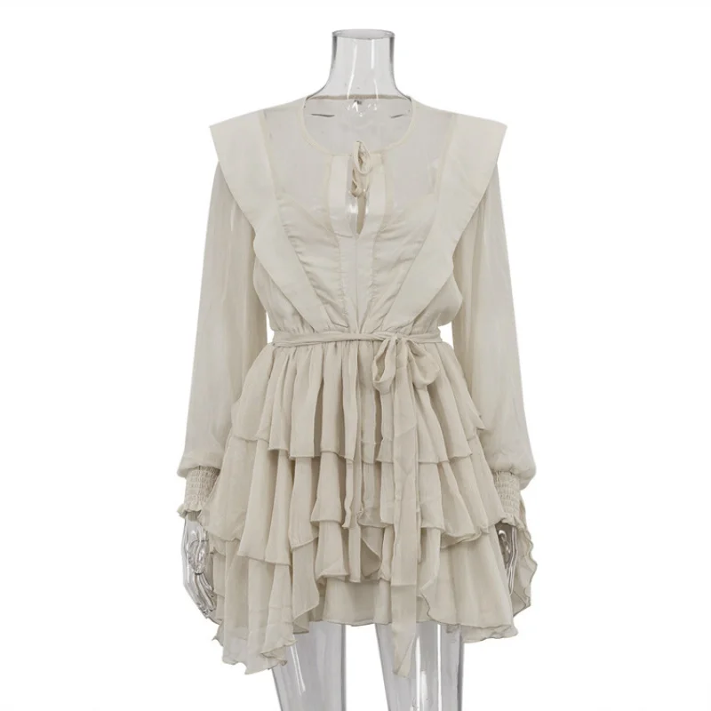 Women's Clothing2025New Mesh Sheer Design Cake Dress Long Sleeve Tie Short French Dress