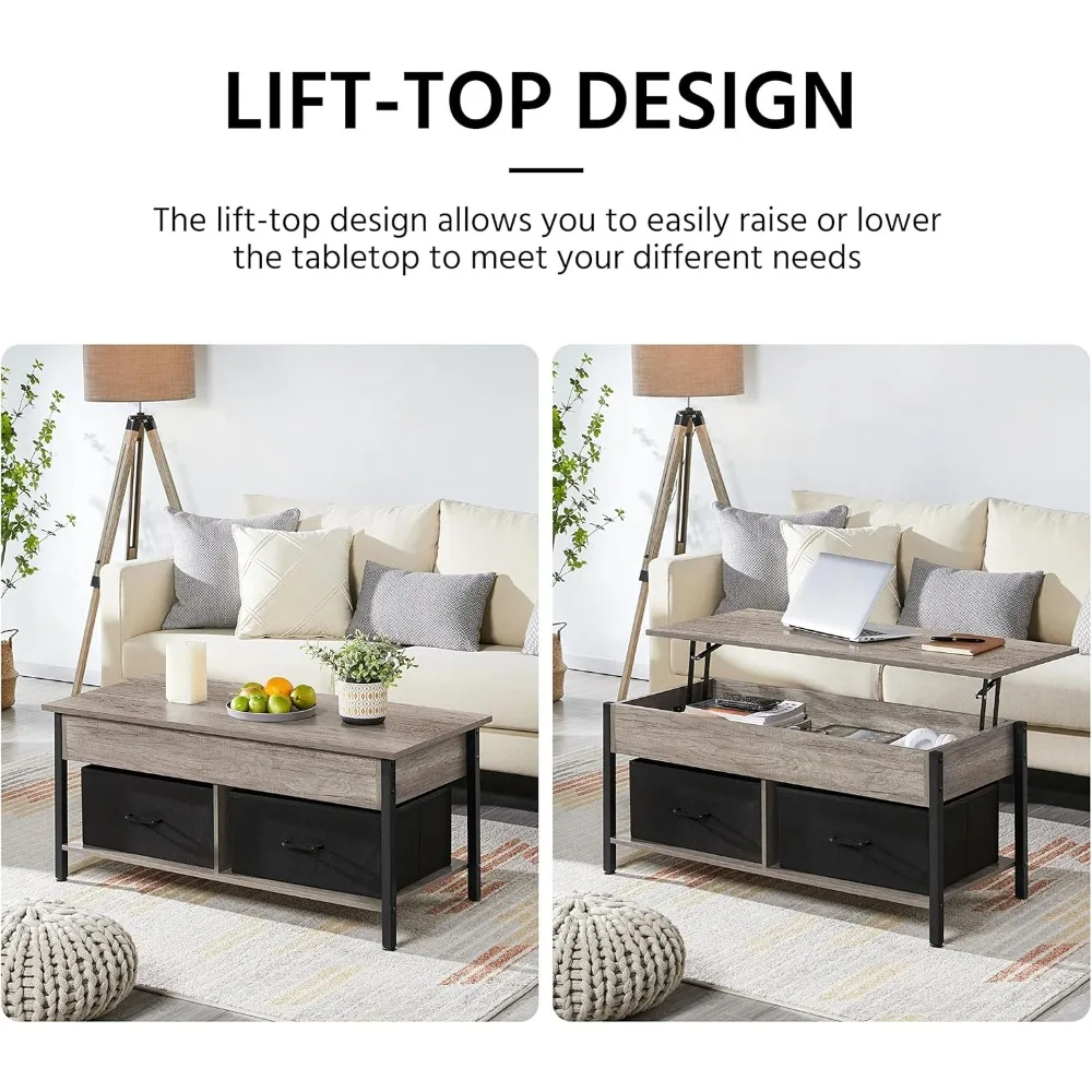 Lift-top Coffee Table with 2 Fabric Baskets & Hidden Storage Compartment, Raisable Top Coffee Table Industrial Center Table