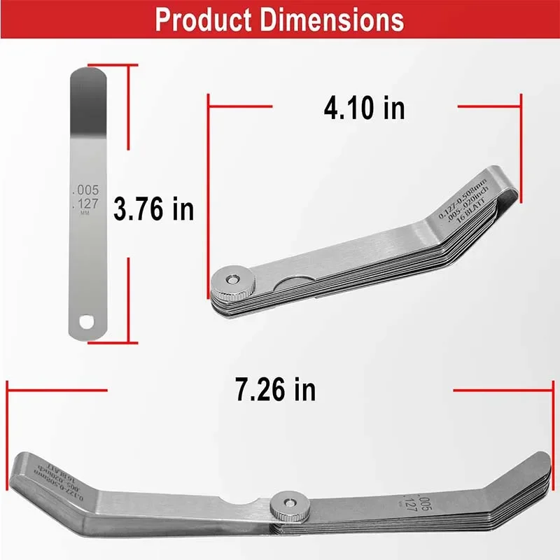 Feeler Gauge Metric 0.127-0.508mm 0.005-0.020 inch Valve Offset Feeler Gauge High Strength 16 Blade Easy to use Durable