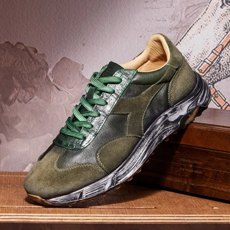 Trendy Men Patchwork Retro Suede Leather Sneakers Lace‑Up Cushioned Gum Rubber Sole Urban Street Daily Casual Jogging Footwear