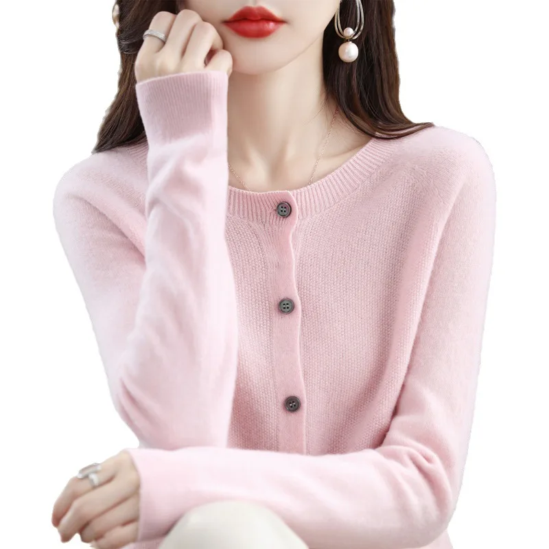 100% Australia Wool Women\'s Skinny Long-sleeved O-neck Loose Knitted Cardigan Ladies Casual Elastic Sweater Tops