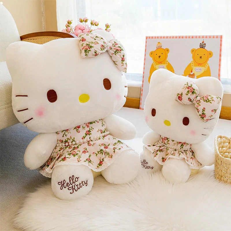 

Kawaii Cartoon HelloKitty Plush Toy with Floral Dress and Bow Stuffed Doll Cute Birthday Gift for Girls Soft Filled Animal