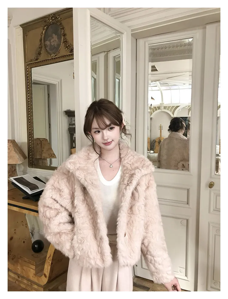 Korean Stand Collar Plush Jacket for Women Winter Thick Fluffy Cropped Faux Fur Coat Woman Loose Sweet Single Breasted Outerwear