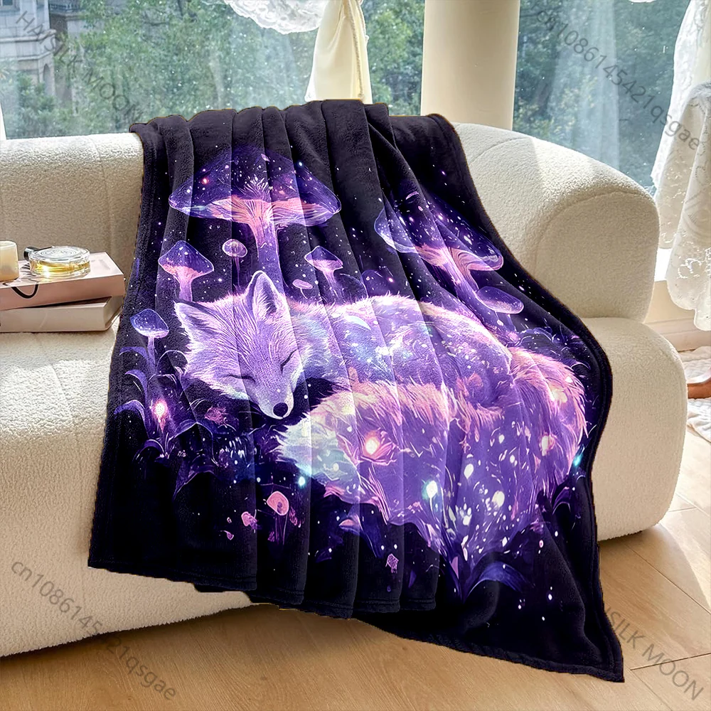 Mushroom Fox Fantasy Print Blanket Flannel Material Soft Warm for All Seasons Home Outdoor Camping Picnics Luxury Gift
