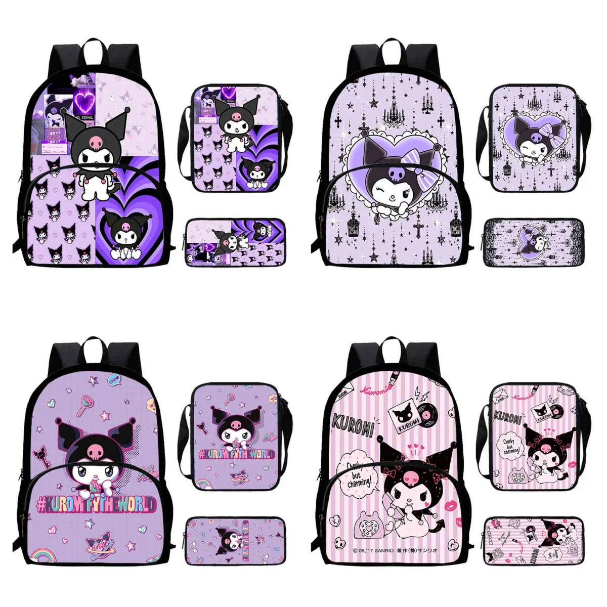 Kuromi Child School Backpack with Front Pocket,Shoulder Bags,Pencil Bags for Aged 5-10 ,Cartoon School Bags Set for Girls Boys