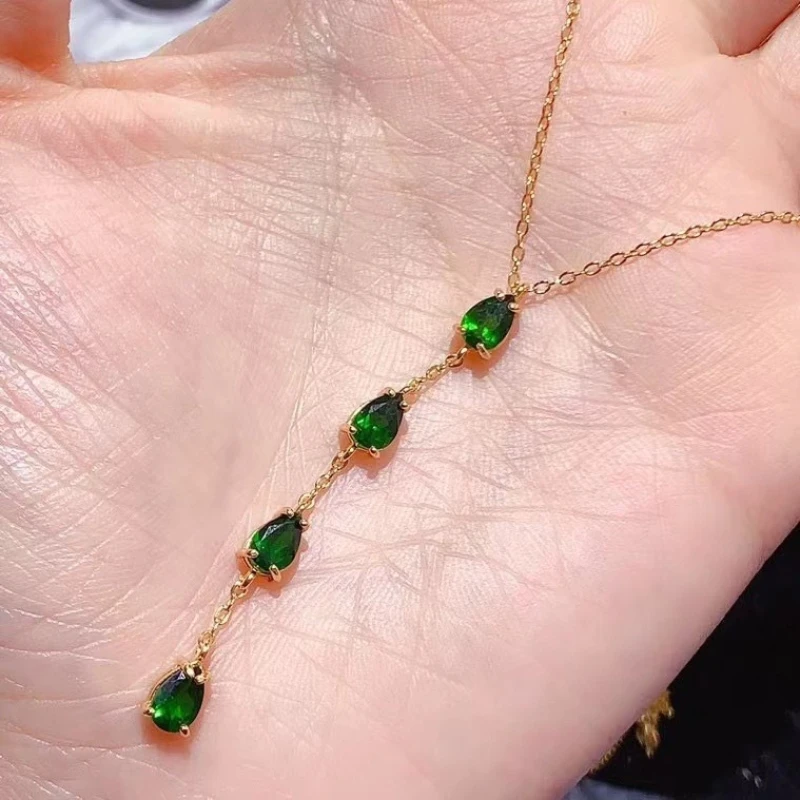 

Simple 925 Silver Gemstone Necklace Natural Diopside Necklace 4mm*6mm Genuine Chrome Diopside Jewelry