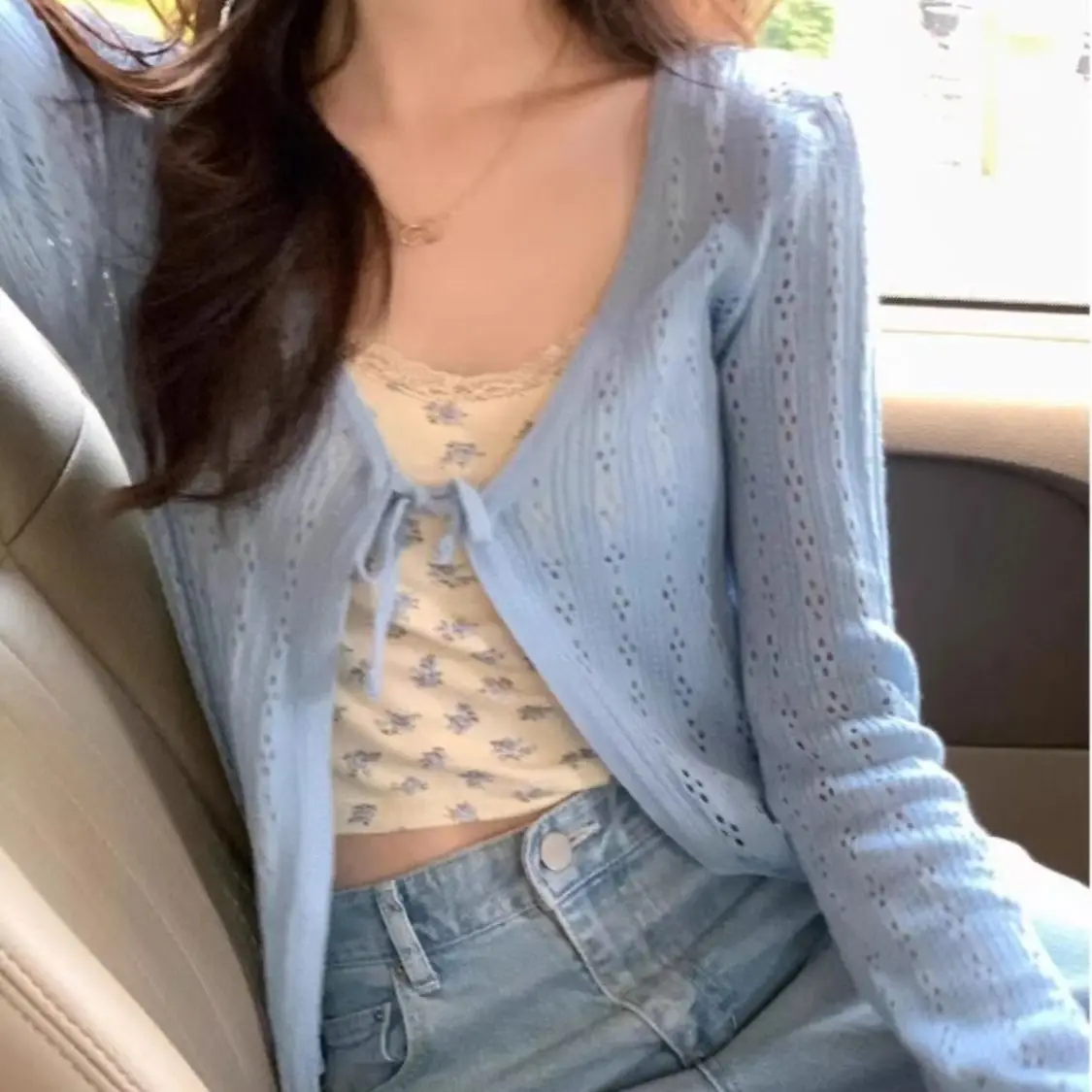 French V-neck Lace-up Hollowed Out Knitted Cardigan Female Summer Temperament Outwear Thin Sunscreen Women Cardigans Knitwear
