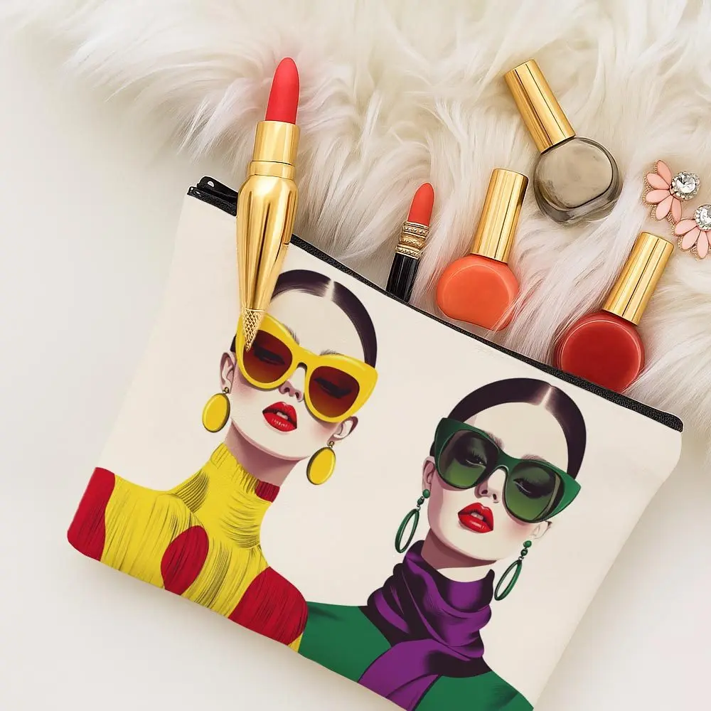 1pc Modern Pop Art Makeup Bag Compatible for Women & Men - Bold Fashion Glasses & Floral Cosmetic Organizer