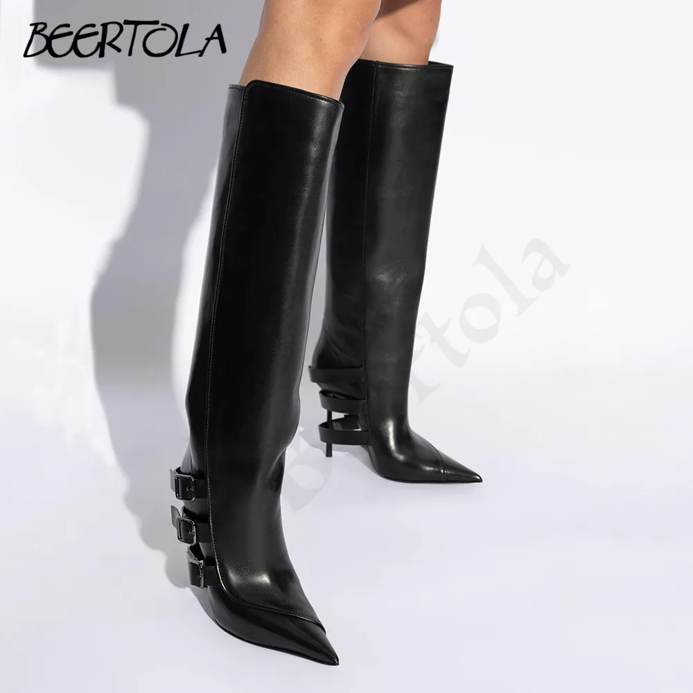 Women's Belt Buckle Black Boots with Stilettos and Pointed Toes Fashionable Banquet Boots Large Size Casual Light Luxury Boots