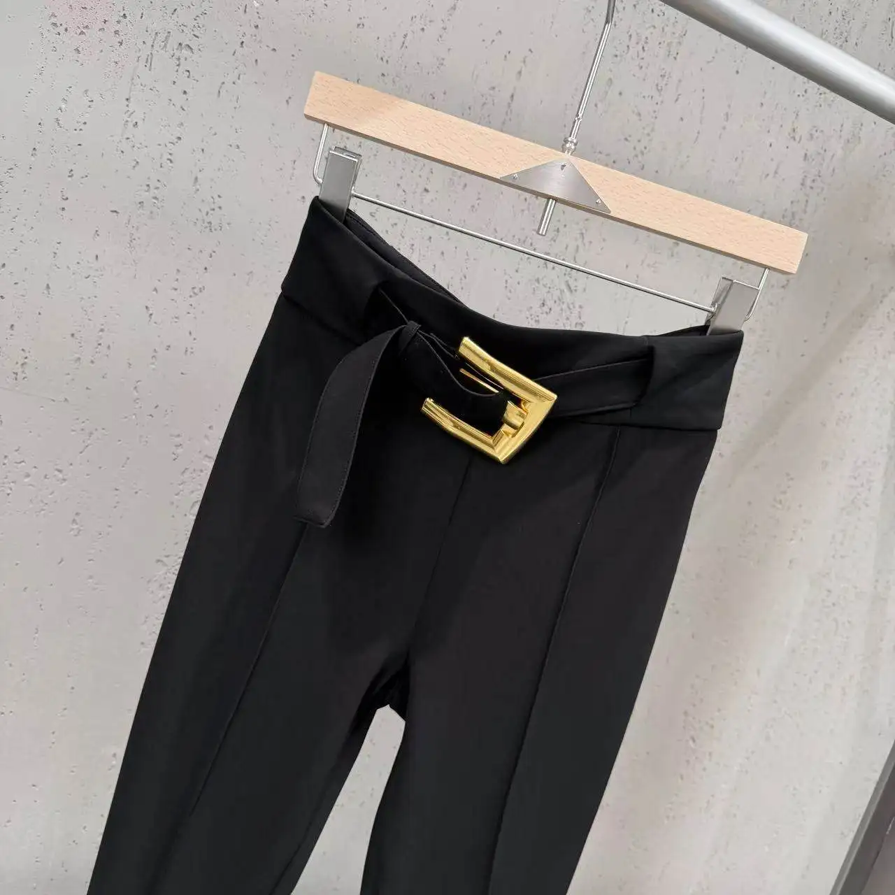 High Street Pants Women's High Waisted Slimming Black Casual Pants Metal Buckle Decoration Hanging Elastic Slim Fit Pants