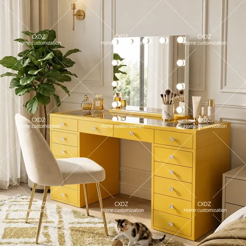 Ins Style Dresser with LED Mirror Light Eco Friendly Luxury Multi Functional Large Capacity Professional Makeup Table