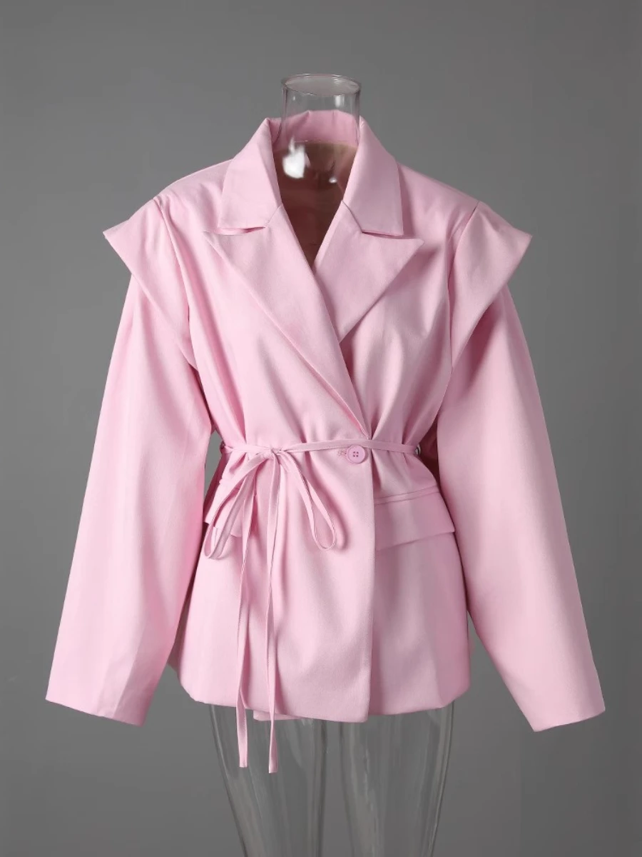 CHICEVER Solid Color Spliced Single Button Blazer for Women Notched Collar Long Sleeve Patchwork Lace Up Office Lady Coat Female