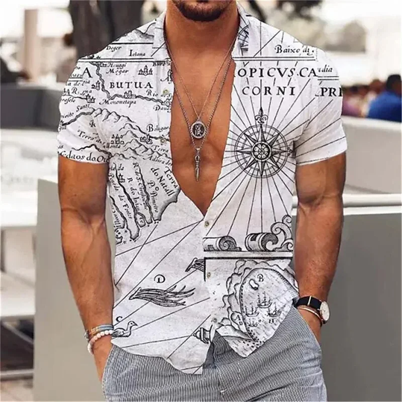 Anchor Sailboat Graphic Hawaiian Shirt For Men Vintage Compass 3D Printed Aloha Shirts Fashion Short Sleeve Blouse Lapel Tops