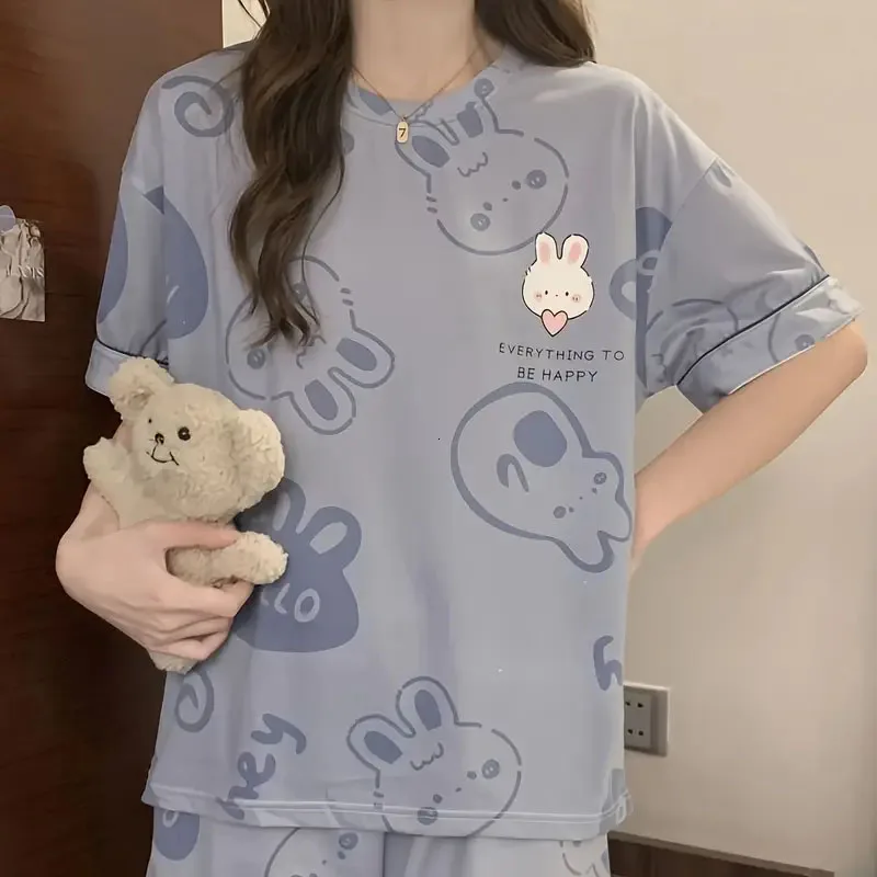 

Women's short-sleeved round neck top and trousers two-piece loungewear/pajama casual set, print casual pajama set.