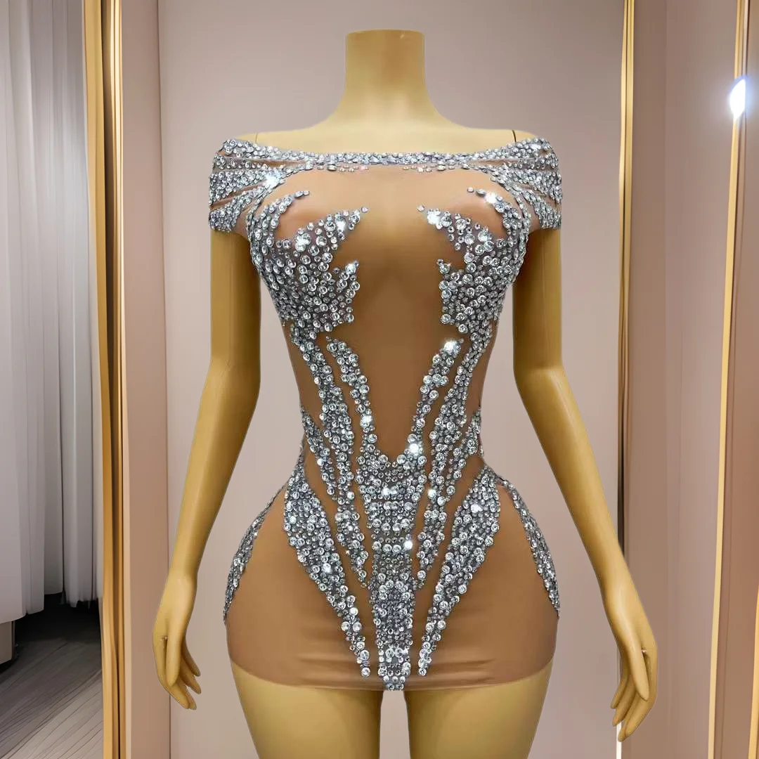 Glamorous Diamond OneShoulder Birthday Party Dress Stage Performance Costume Sexy Perspective HighEnd Evening Gown Sexy Dresses