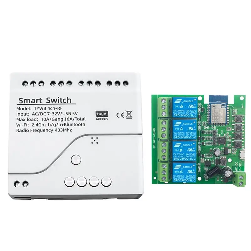 ABRI-Tuya Smart Switch 4CH Tuya Wifi Switch DIY Timer AC/DC 7-32V 4CH RF Smartlife Home Automation Module For Alexa Google Home