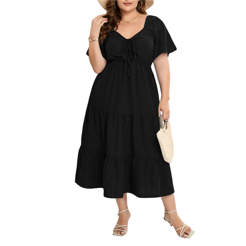 ASDS-Womens Plus Size Summer 2025 Midi Maxi Dresses Short Sleeve Sweetheart Neck Elastic Waist Boho Beach Dress