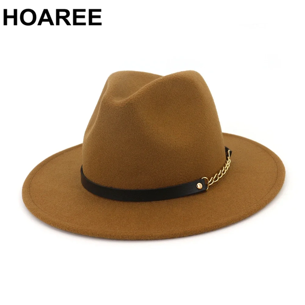 HOAREE Wool Fedora Hat Wide Brim Felt Hat Women Khaki Casual Jazz Hats with Chain Belt Solid Autumn Winter Golden Belt Hat