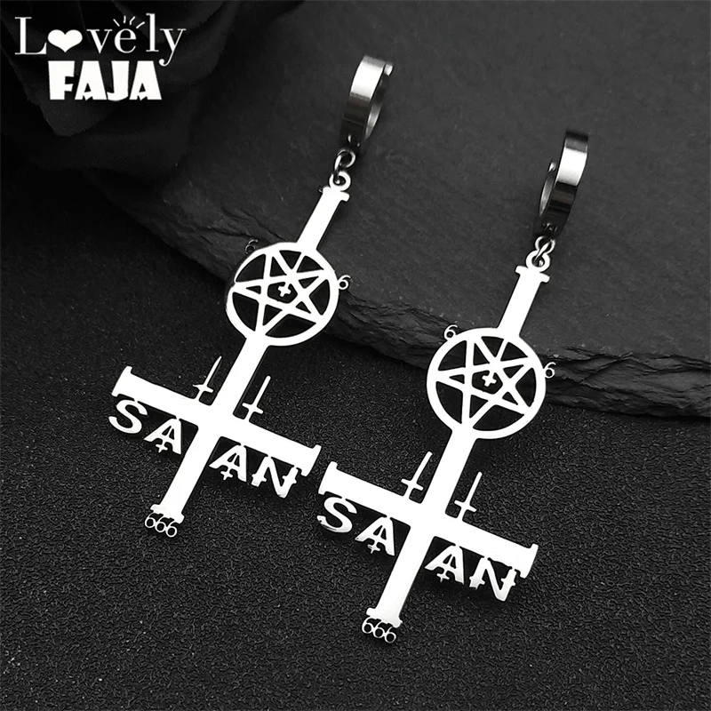 Stainless Steel Satan Inverted Pentagram Cross Hoop Earrings For Women Men Pentacle Silver Color Dangle Earrings Jewelry Gift