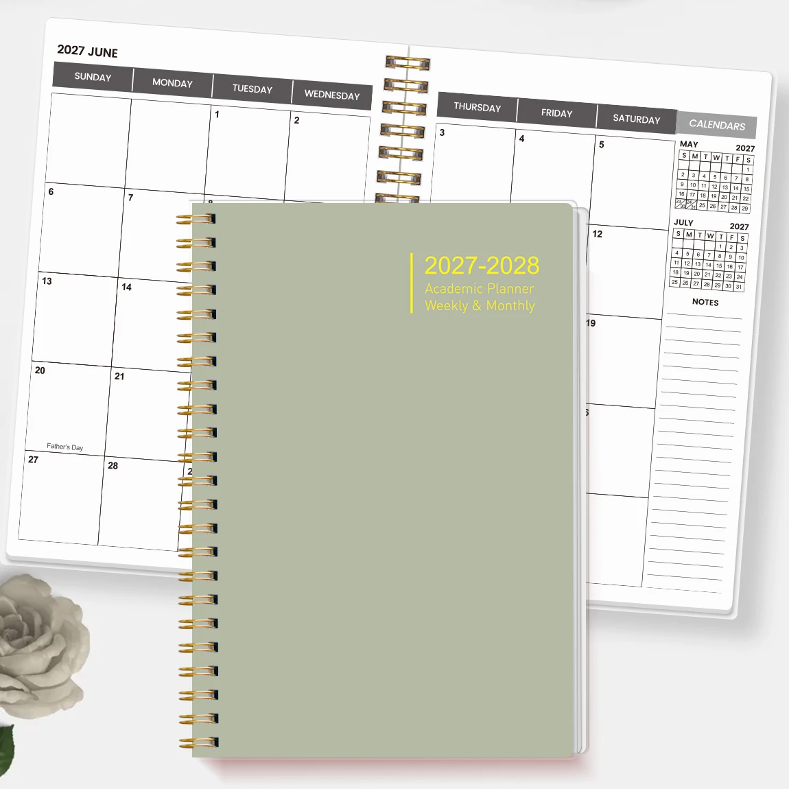 1PC 2027-2028 A5 Academic Planner Notebook, Sage Green Weekly & Monthly Spiral Organizer for School, Work & Daily Planning