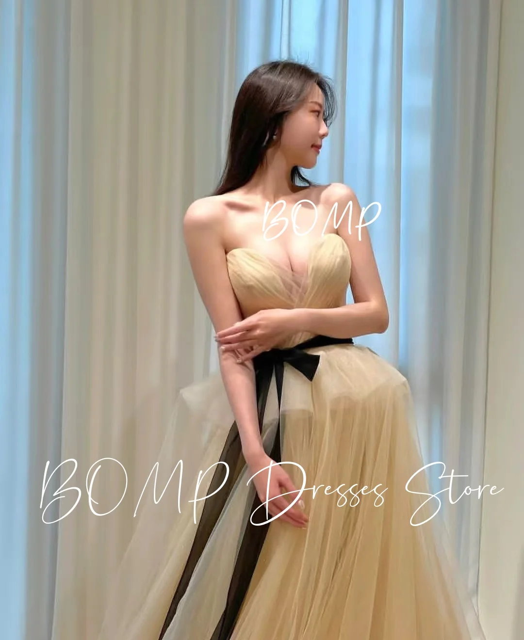 BOMP Princess Contrast Bow Ribbons Wedding Dress Champagne Strapless Tulle Sweep Train Korea Photo Shoot Bridal Gown Customized