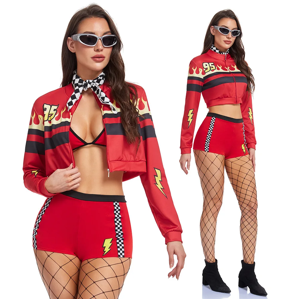 

2026 Women's Sexy Race Car Driver Costume Red Lightning Print Crop Top Bra Shorts with Jacket Halloween Cosplay Party Clubwear