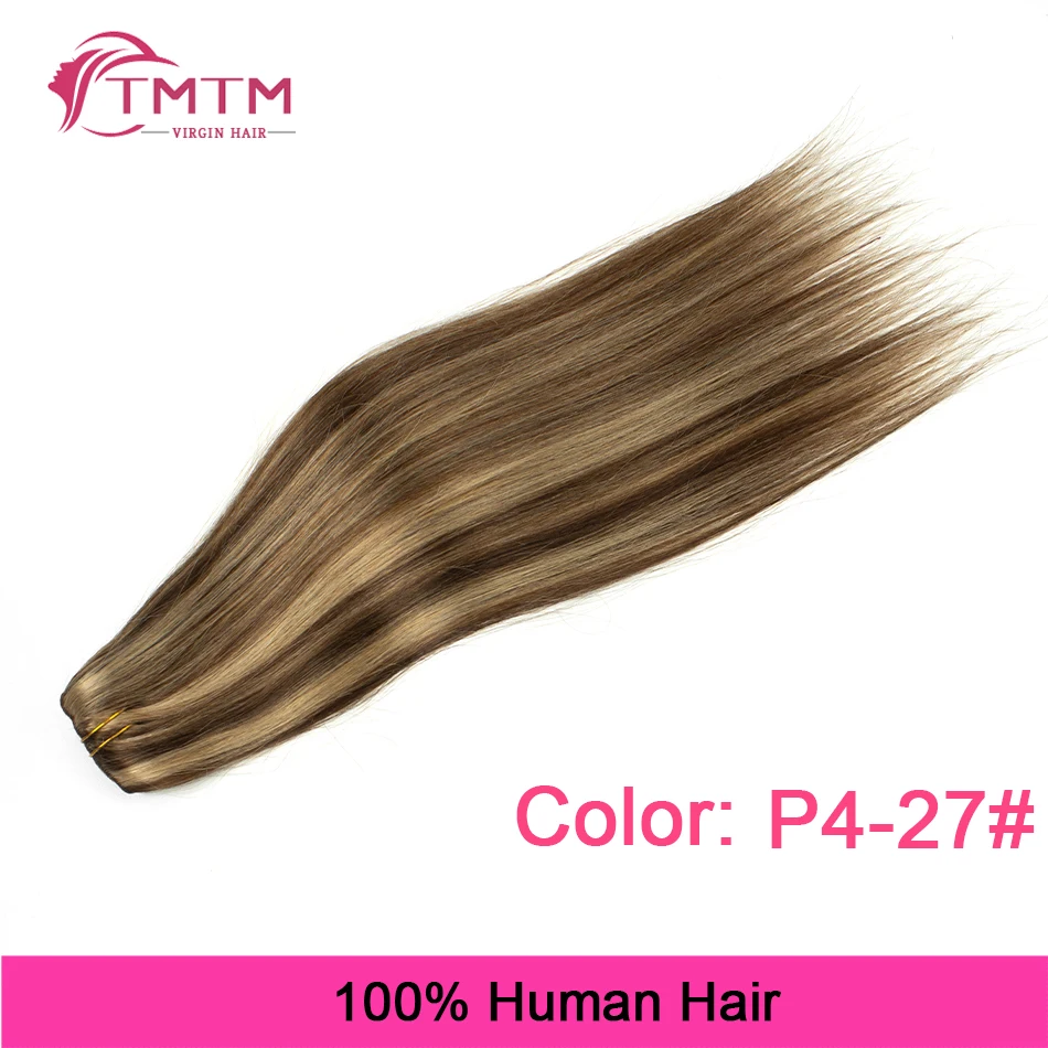 straight Clip In Hair Extensions Human Hair Highlight Ombre Chocolate Brown to Caramel Blondft Clip on Hair Extensions 7pcs/100g