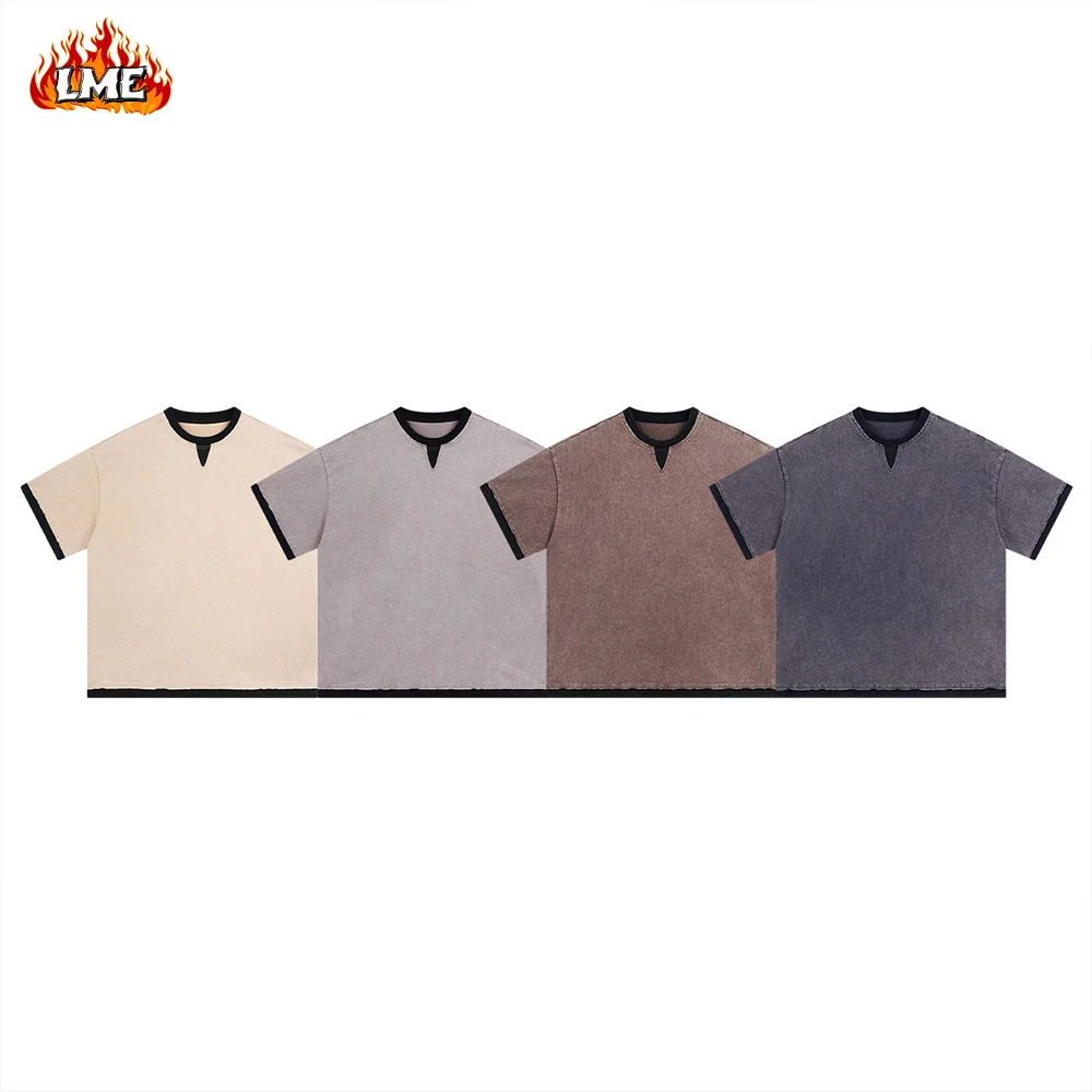 LME 250G Contrast Colored Double Layer Shirt Vintag Batik Acid Washed Distressed Oversized 100% Cotton T-shirt For Men
