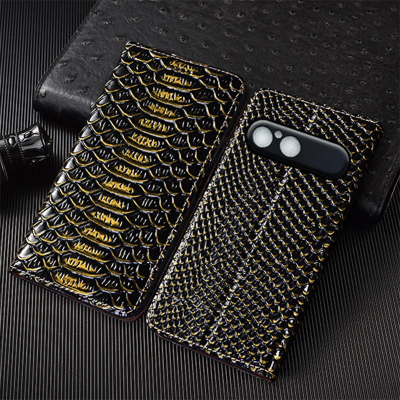 

Genuine Leather Flip Case For Sony Xperia 10 VII Phone Cover Card Cases Dragon Scale Handmade Scratch Proof