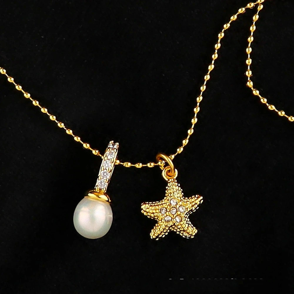 2025 Autumn Winter New Arrival Beach Series Necklace Freshwater Pearl Starfish Pendant Copper Plated Beads Chain Simple Design