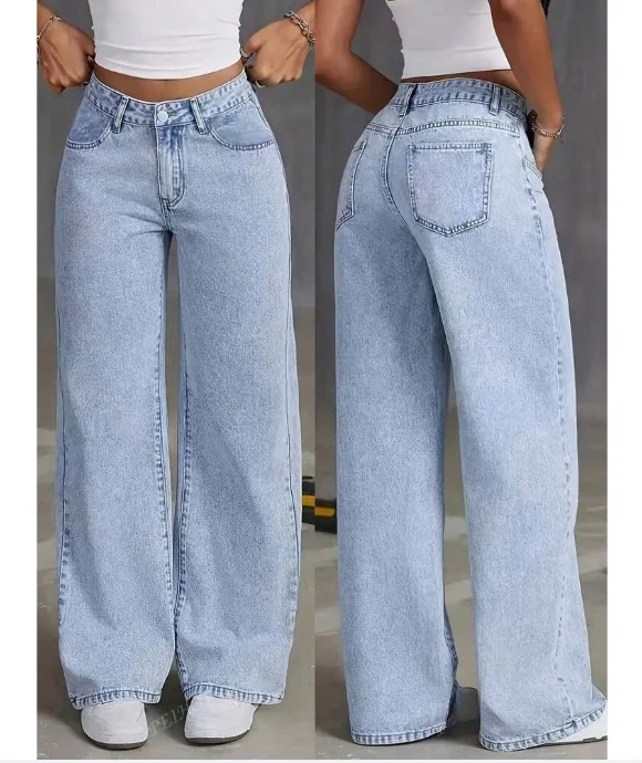 Gewaschene gerade Denim-Hose für Damen, weites Bein, Vintage-Schleppjeans, Distressed-High-Street-Hose, lässige Streetwear
