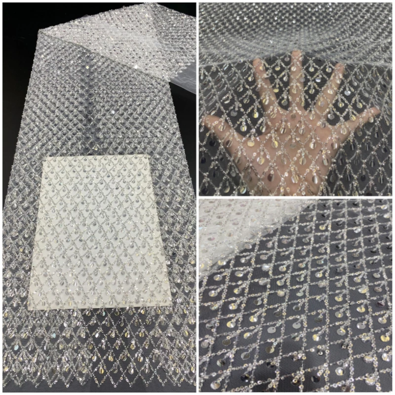 1Yard 3+7mm Crystal Sequin Bead Embroidery Fabric Soft Tulle Cloth For Wedding Gown Evening Dress Women Garment Sewing Material