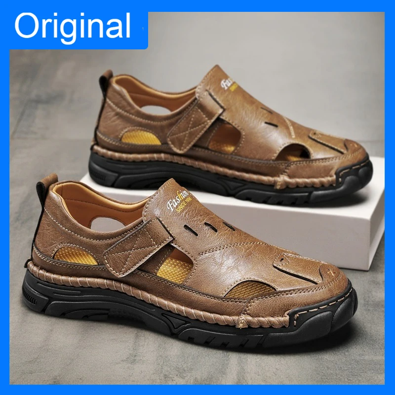 

Mens Sandals Comfortable Hollow Breathable Summer Outdoor Daily Walking Casual Shoes Non Slip Bottom Closed-Toe Leather Sandals