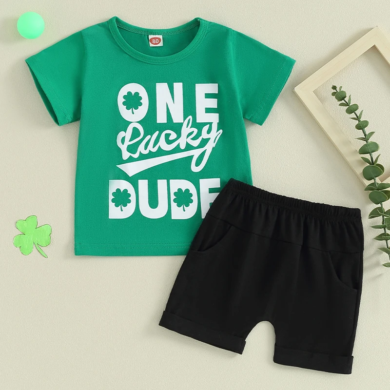 

St Patrick s Day Toddler Boys Green Shamrock Print Short Sleeve T-Shirts and Shorts 2Pcs Spring Festival Outfits Set with