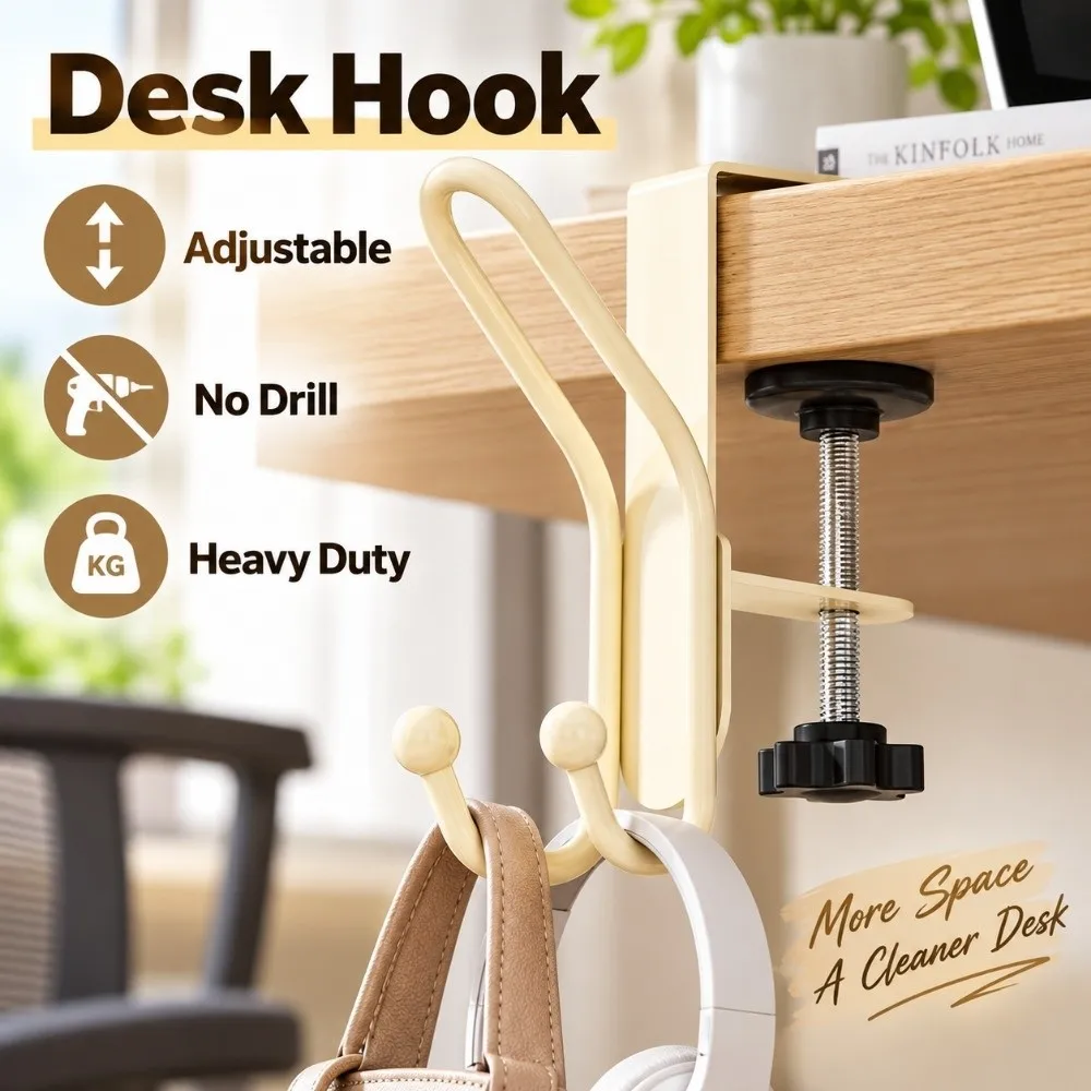 Multi Functional Adjustable Desk Hook No Drill Rotatable Table Edge Hook Heavy Duty Space Saving Backpack Hook Office