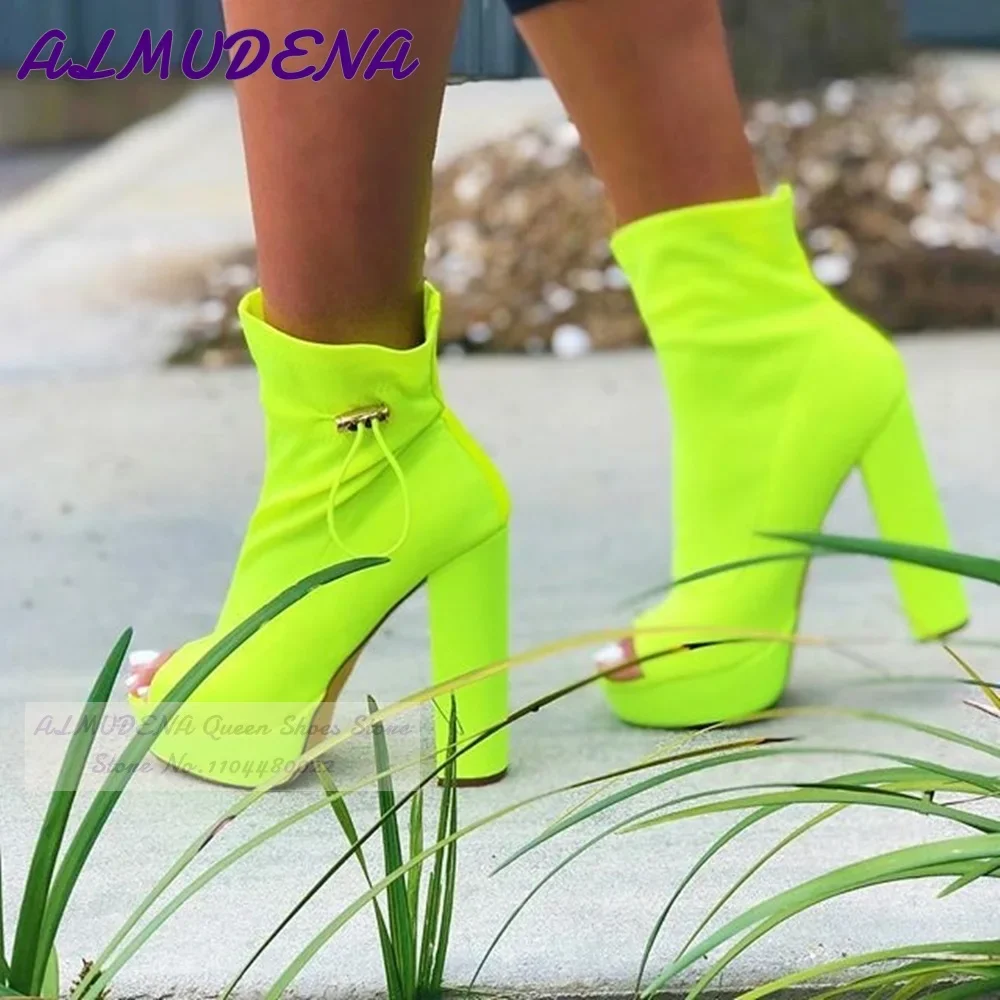 ALMUDENA Neon Yellow Lycra Chunky Heel Ankle Boots Platform Open Toe Short Booties Elastic Rope Fall Winter Dress Shoes Pink