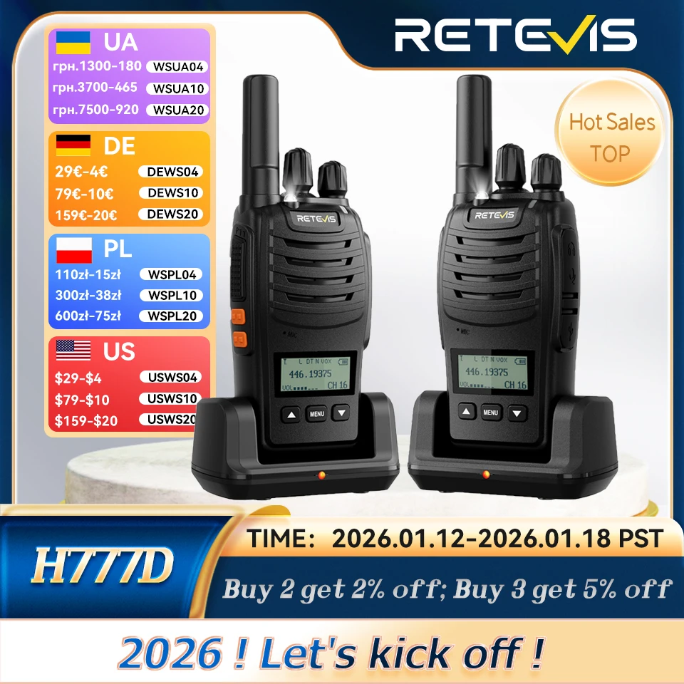 Retevis H777D (H777 Upgraded）Walkie Talkie Portable License Free LCD Display Radio Long Range Type-C Walkie-Talkies for Camping